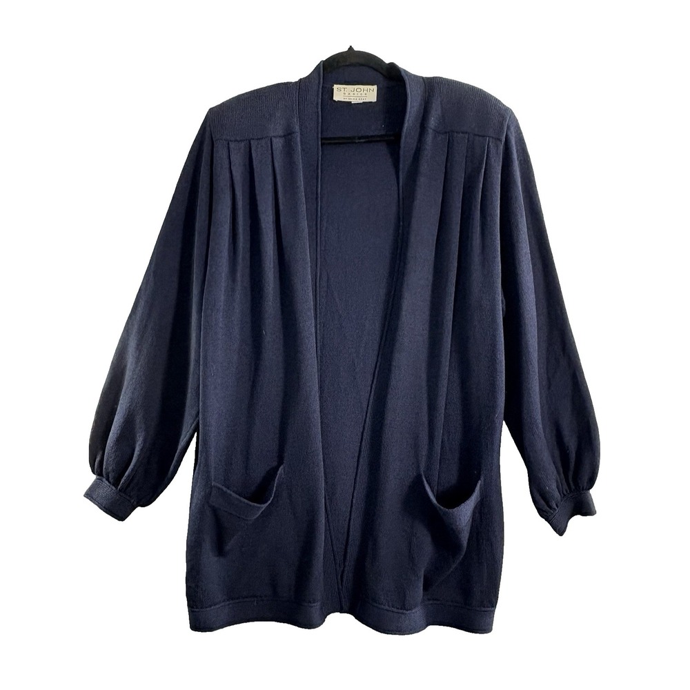 ST JOHN Basic Women Long Line Open Front Cardigan Sweater Sz M Blue 74-13